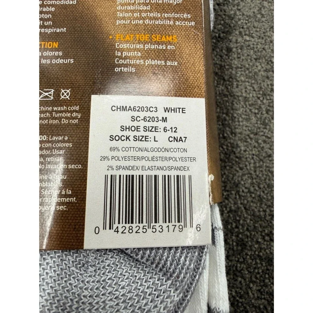 Carhartt Socks Mens Large Shoe Size 6-12 All-Season Premium Cotton Crew 3 Pairs